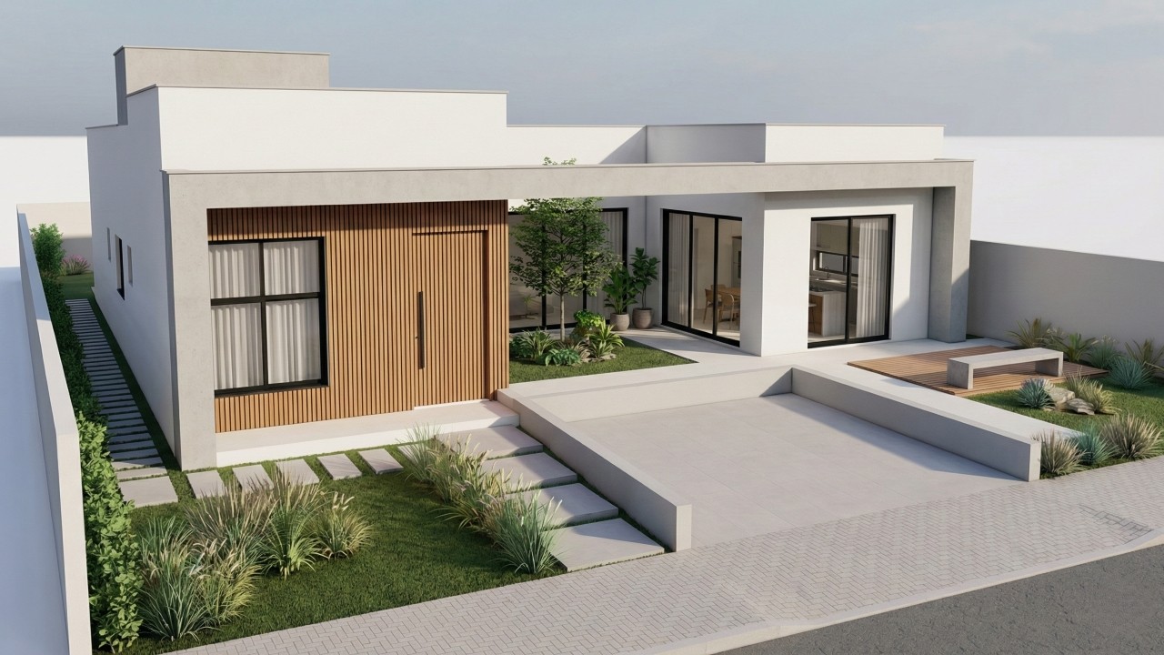 Casa térrea moderna com jardim e 3 quartos cabe com folga em terreno urbano de 250 metros