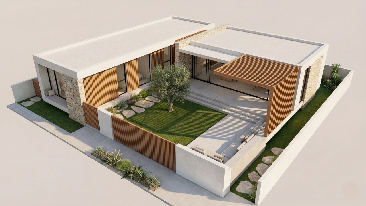 Com pátio no coração da planta, essa casa térrea em L respira natureza e aconchego o dia todo