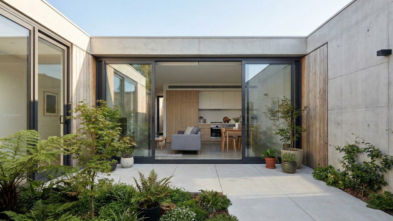 Essa casa moderna de 65 metros quadrados, mostra como o pátio pode virar o coração de uma casa compacta