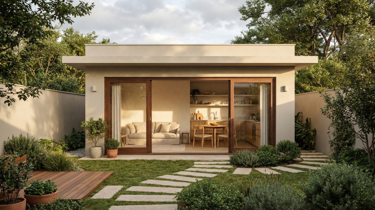 Com apenas 60 metros quadrados, essa casa aconchegante no fundo do terreno oferece conforto e liberdade na frente