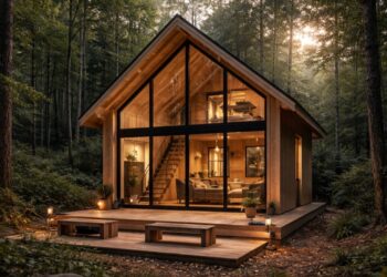 A planta desse chalé para casal em meio à floresta combina conforto, mezanino e vista deslumbrante