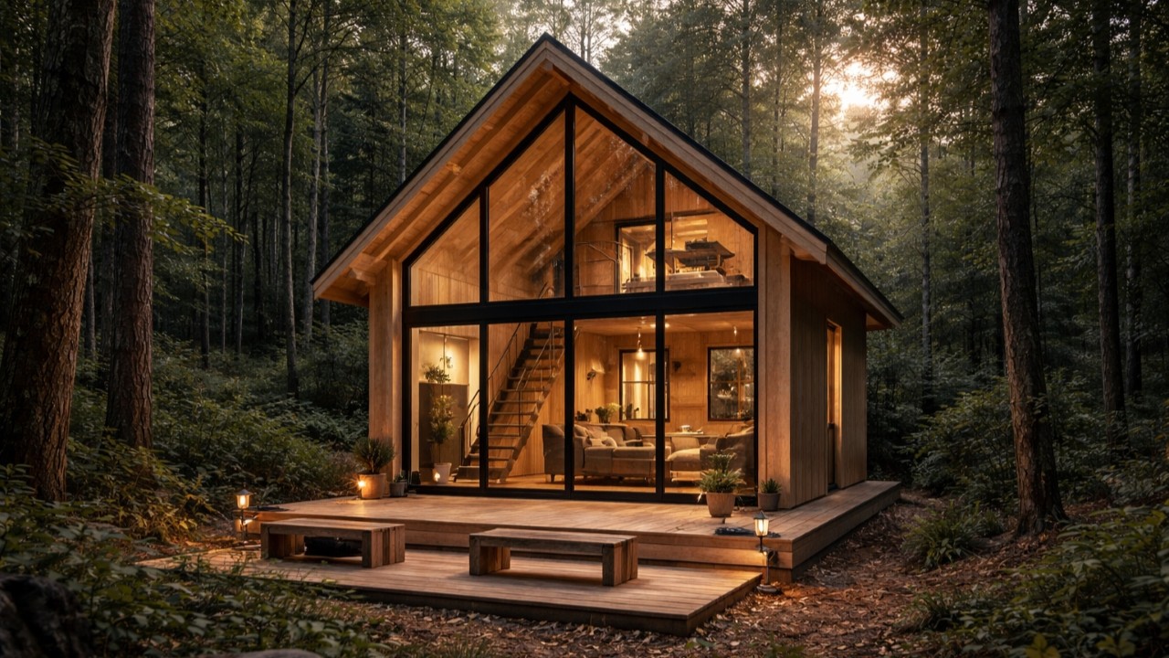 A planta desse chalé para casal em meio à floresta combina conforto, mezanino e vista deslumbrante