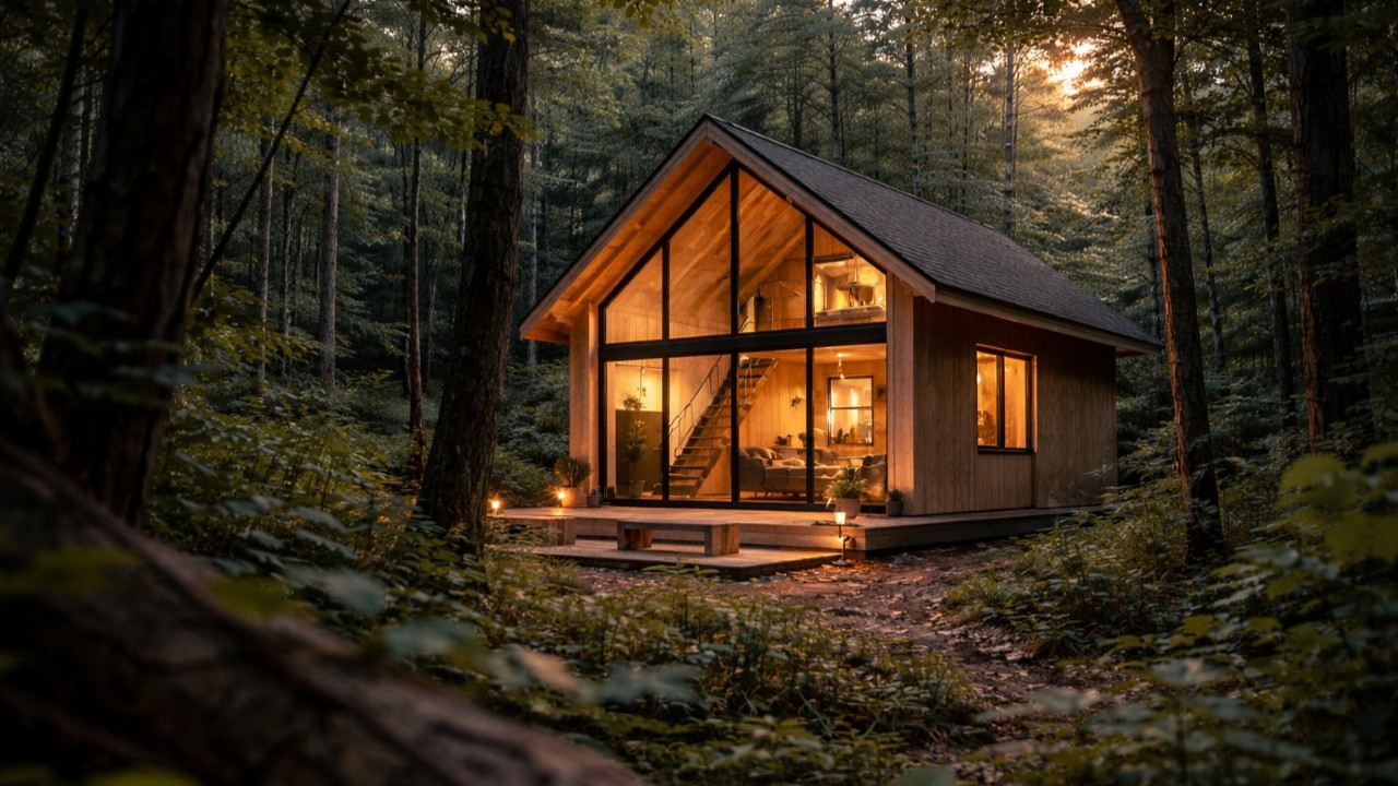 A planta desse chalé para casal em meio à floresta combina conforto, mezanino e vista deslumbrante