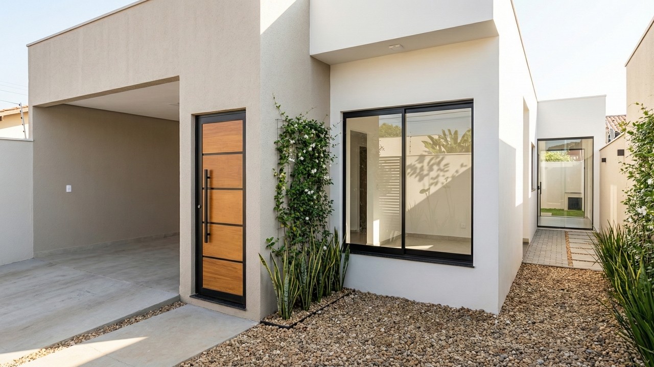 Casa térrea de 73 metros quadrados com suíte e cozinha americana vira solução ideal para terrenos de 6x20 metros