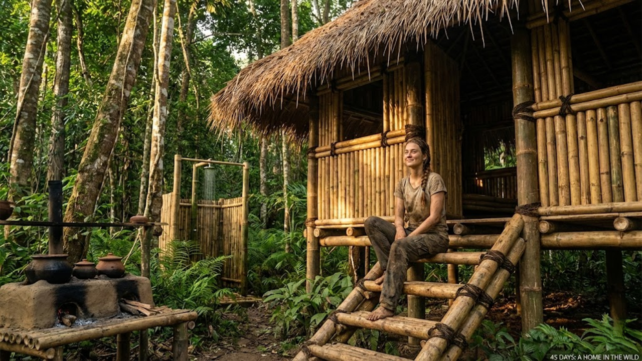 Casa de bambu construída em 45 dias na floresta com cozinha, fogão de barro e chuveiro