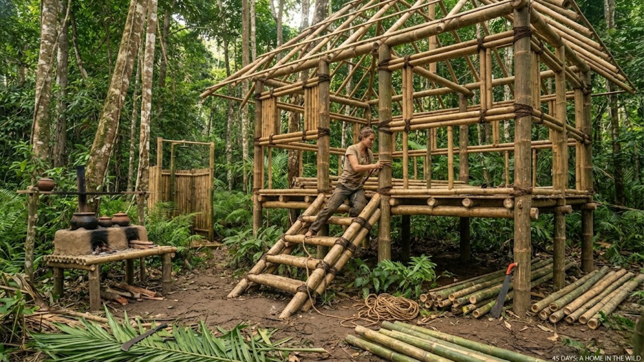 Casa de bambu construída em 45 dias na floresta com cozinha, fogão de barro e chuveiro