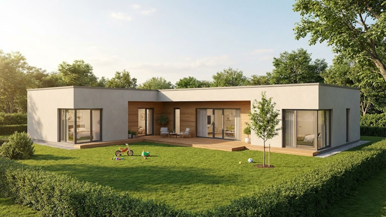 Esse projeto de casa em formato de L tem 3 quartos, ótima ventilação e um quintal amplo para sua família