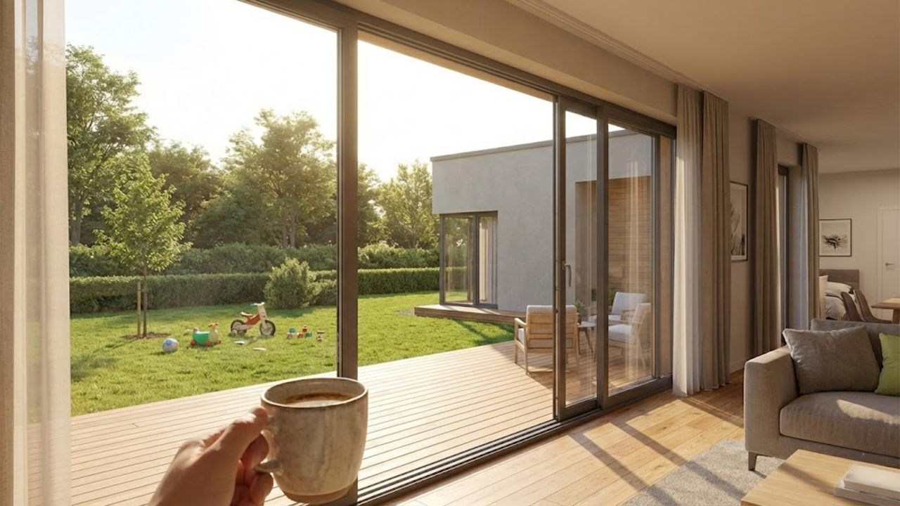 Projeto de casa em L com três quartos, ventilação eficiente e quintal amplo para a família