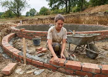 Jovem constrói sozinha uma piscina para se refrescar, com escada, acabamento arredondado e só utilizando cimento e tijolos