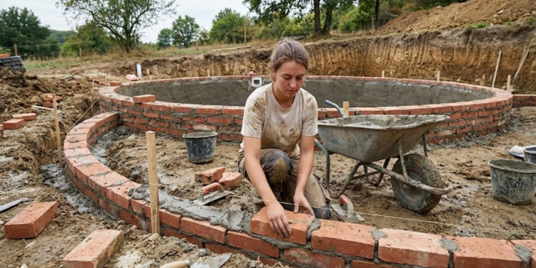 Jovem constrói sozinha uma piscina para se refrescar, com escada, acabamento arredondado e só utilizando cimento e tijolos