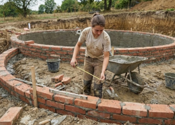 Jovem constrói piscina artesanal sozinha usando apenas tijolos, cimento e acabamento curvo