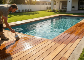 Esse homem construiu o quintal dos sonhos, com uma piscina grande e um deck de madeira que proporciona conforto e uma beleza única