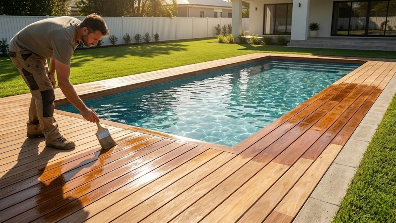 Esse homem construiu o quintal dos sonhos, com uma piscina grande e um deck de madeira que proporciona conforto e uma beleza única