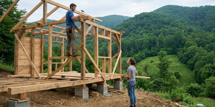 Jovem casal constrói sozinho em 349 dias uma casa dos sonhos com dois andares em um campo verde no meio da natureza