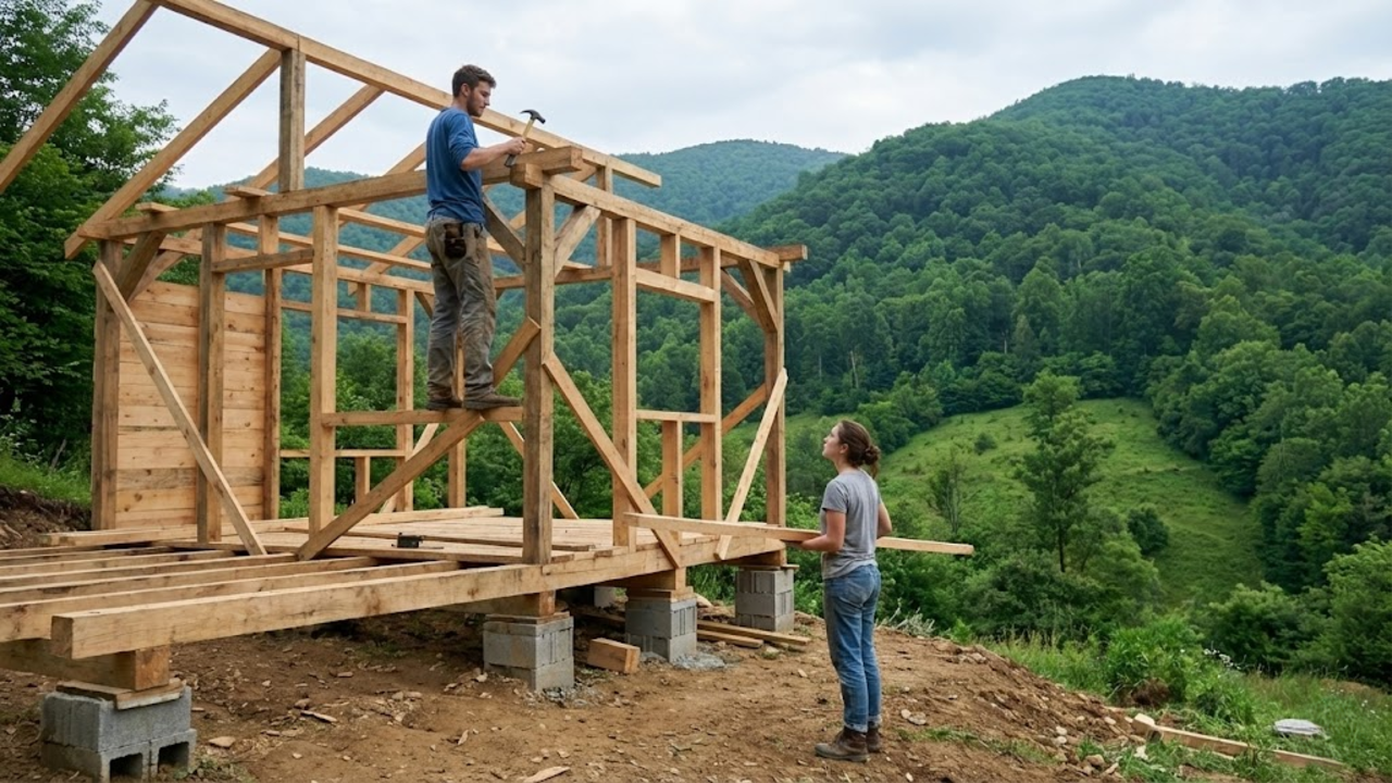 Jovem casal constrói sozinho em 349 dias uma casa dos sonhos com dois andares em um campo verde no meio da natureza