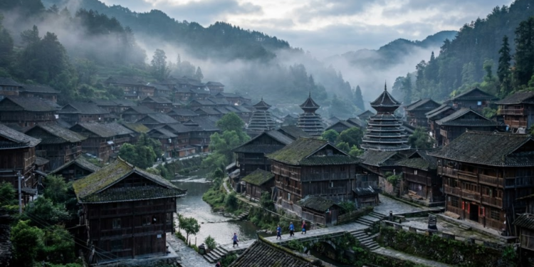 Vilarejo medieval em vale estreito com torres históricas e tradição musical reconhecida pela UNESCO