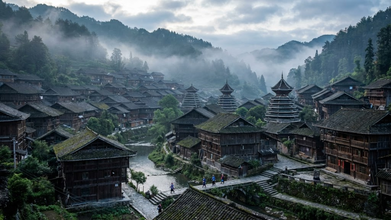 Vilarejo medieval em vale estreito com torres históricas e tradição musical reconhecida pela UNESCO