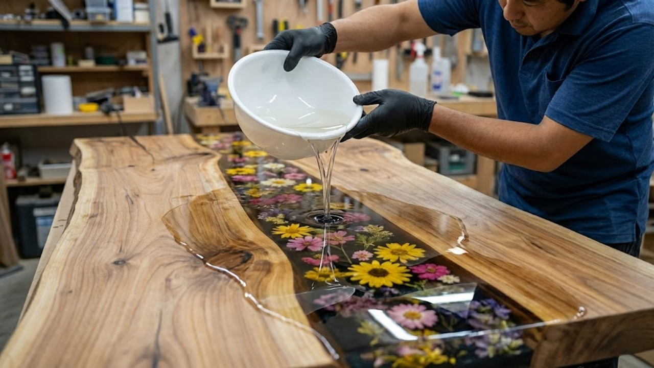 Mesa artesanal inspirada na estética coreana, unindo madeira bruta, resina e flores naturais