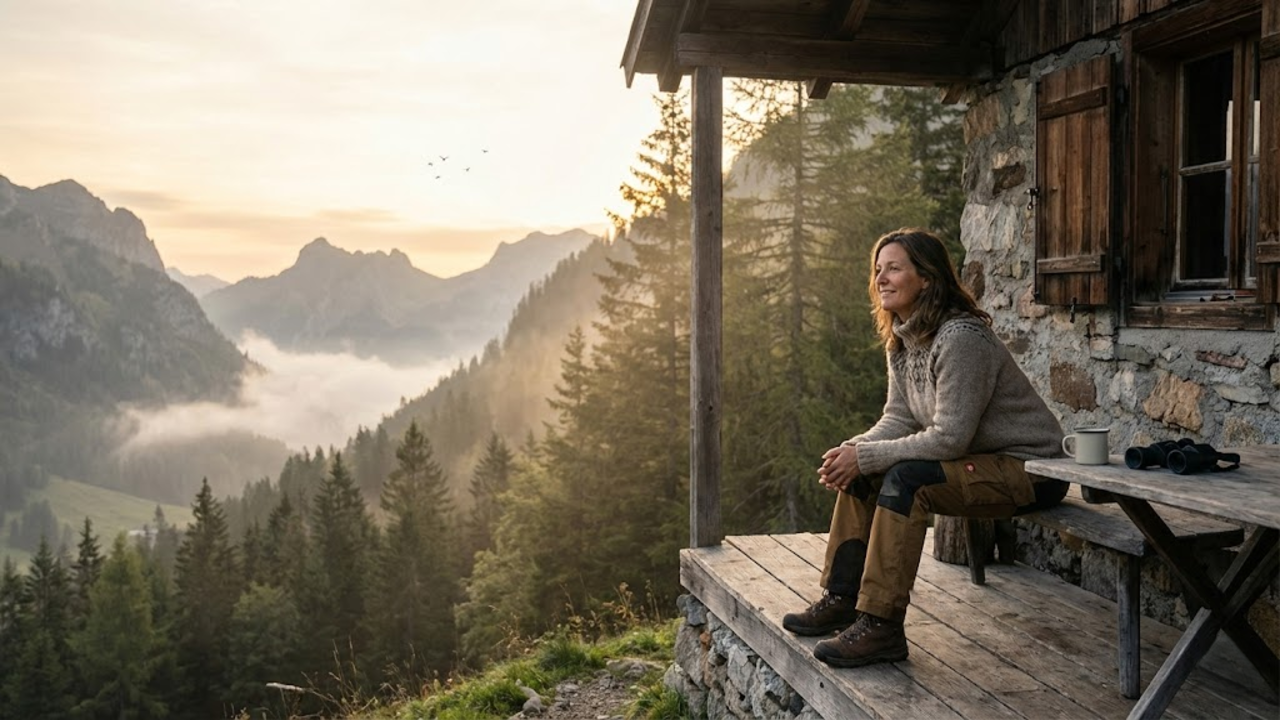 Mulher troca viagens por vida solitária na montanha, cercada pela natureza e sons de pássaros