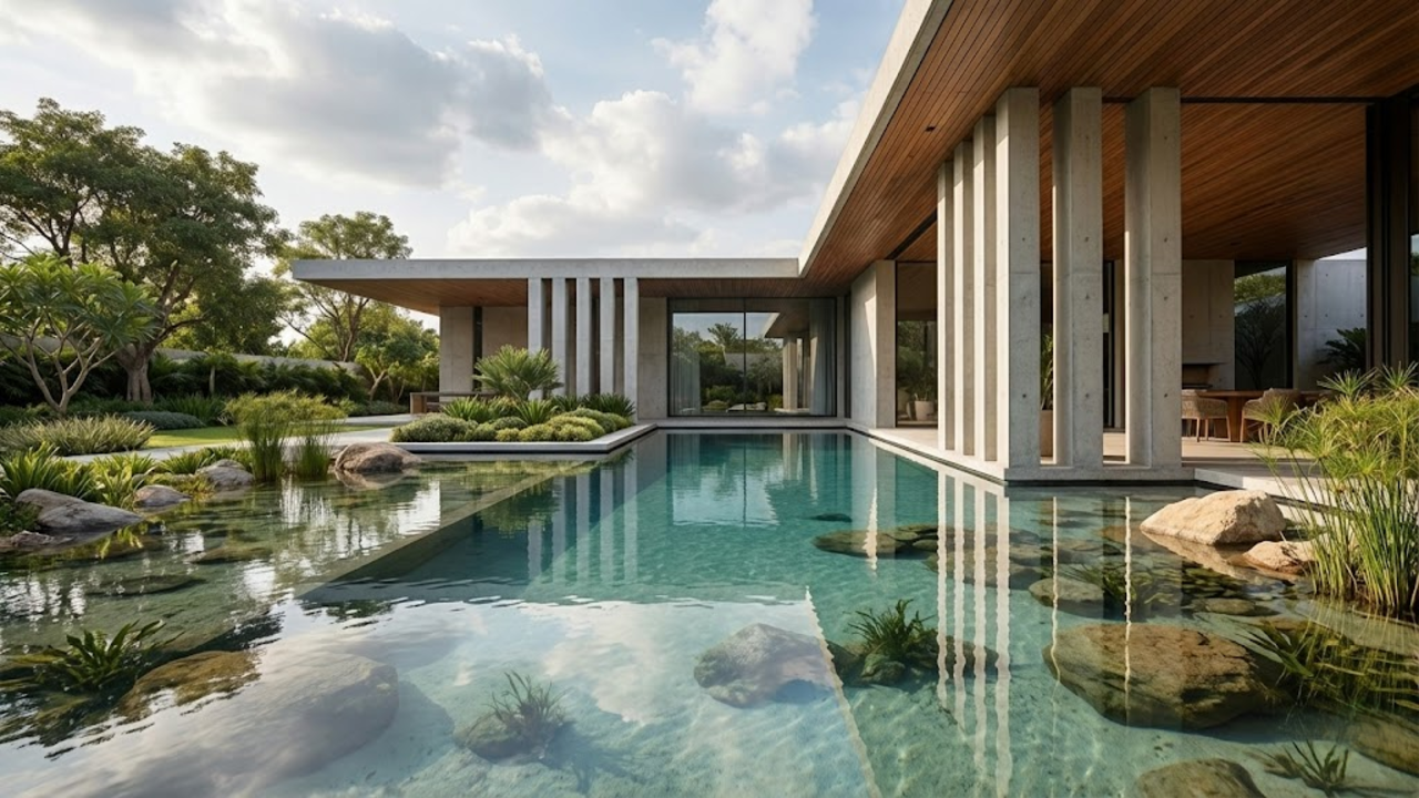 A piscina de 1 milhão de litros, com 800 metros quadrados, paredes retas e fundo natural com rochas e areia, circula uma linda casa, criando um efeito de espelho d’água