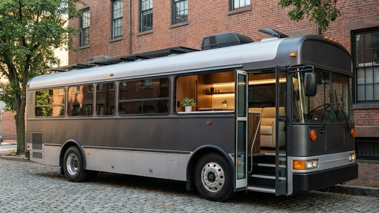 Homem compra um ônibus e o transforma em uma casa funcional sobre rodas, com isolamento térmico e acústico e acabamento de luxo
