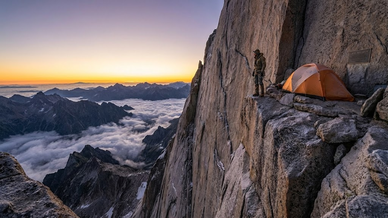 Escalada de 3.168 metros em montanha vertical termina com acampamento no topo e vista impressionante