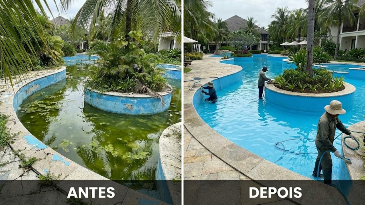 Grupo restaura em 7 dias piscina de resort abandonada avaliada em US$ 1 milhão