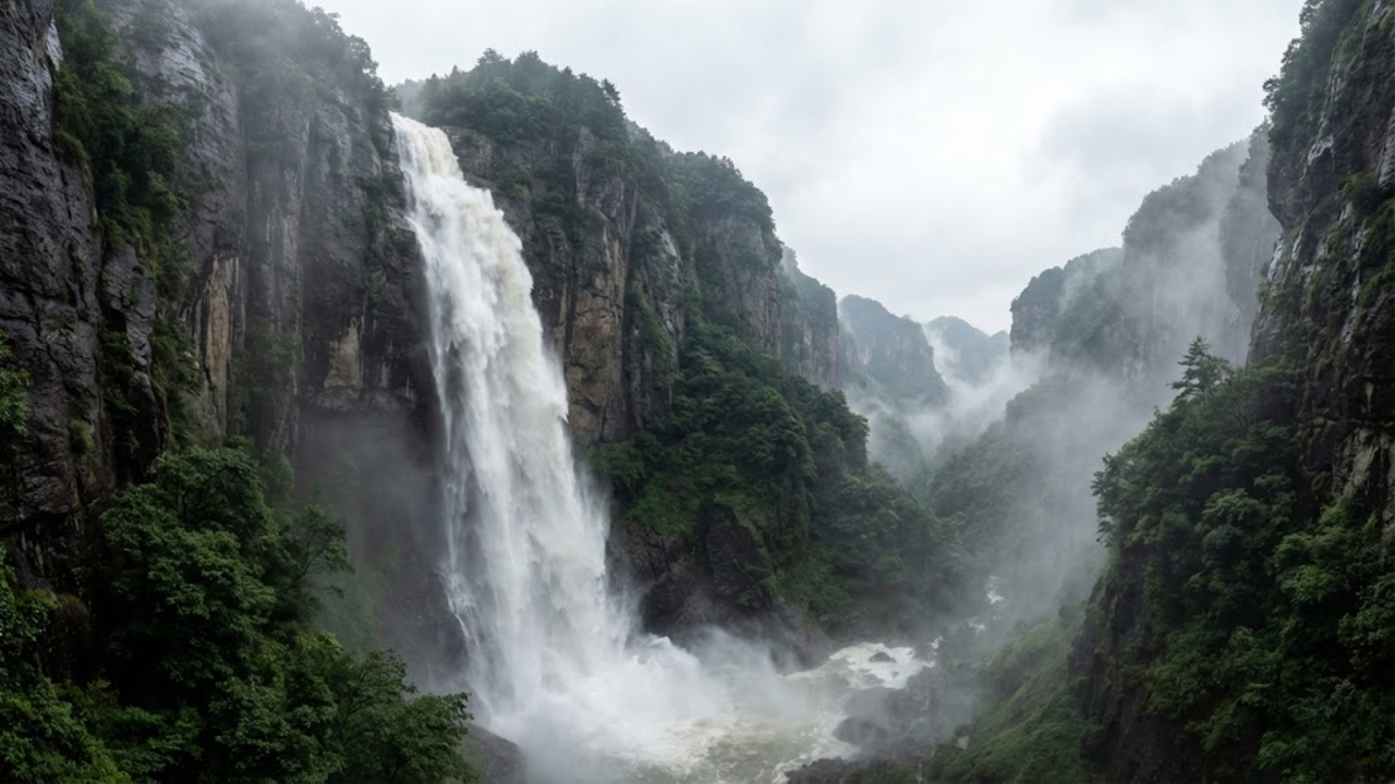 Cachoeira com quase 200 metros de altura se destaca em paisagem montanhosa de grande beleza