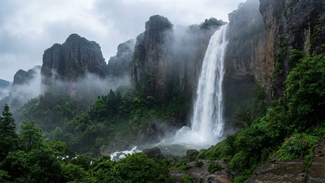 Cachoeira com quase 200 metros de altura se destaca em paisagem montanhosa de grande beleza