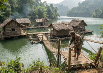História de homem que se isola em um lago e cria uma vila flutuante autossuficiente