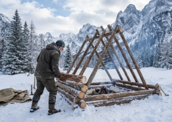 Abrigo isolado na neve com sistema de aquecimento interno para ambiente acolhedor