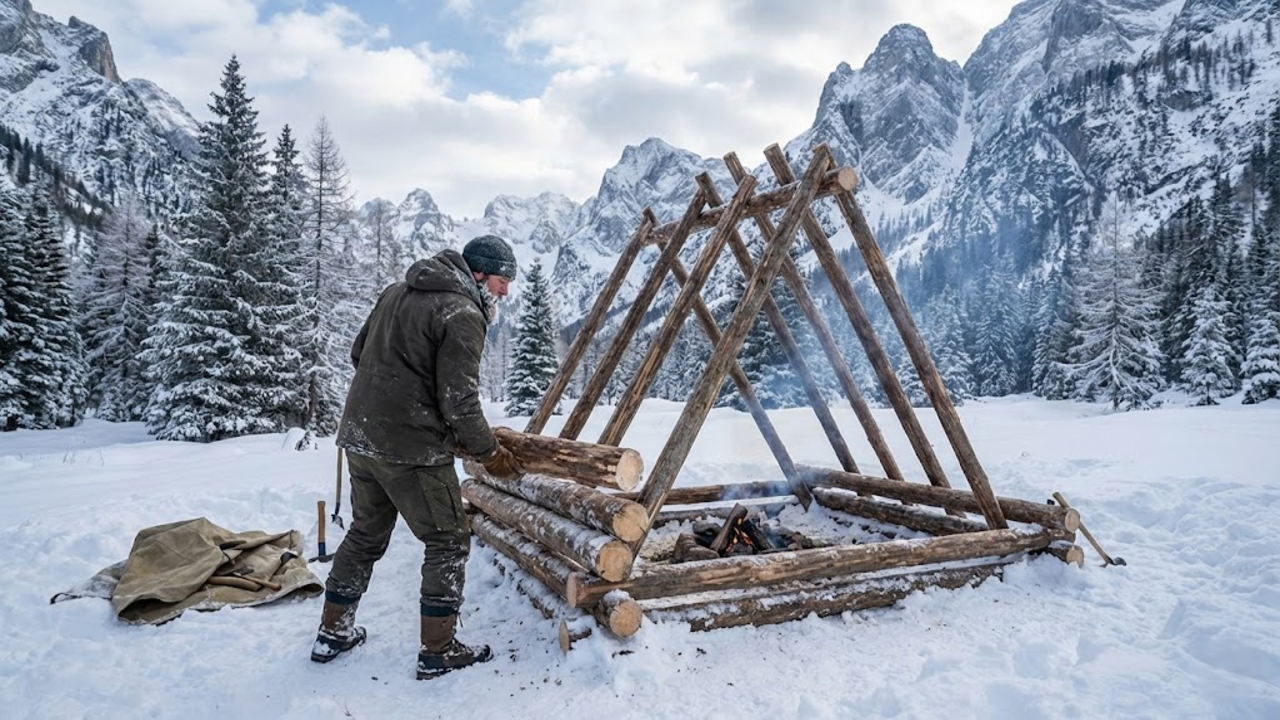Abrigo isolado na neve com sistema de aquecimento interno para ambiente acolhedor