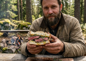 Preparo de sanduíche artesanal na natureza com carne suculenta sobre tábuas e pedras improvisadas