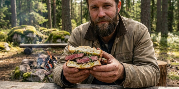 Preparo de sanduíche artesanal na natureza com carne suculenta sobre tábuas e pedras improvisadas
