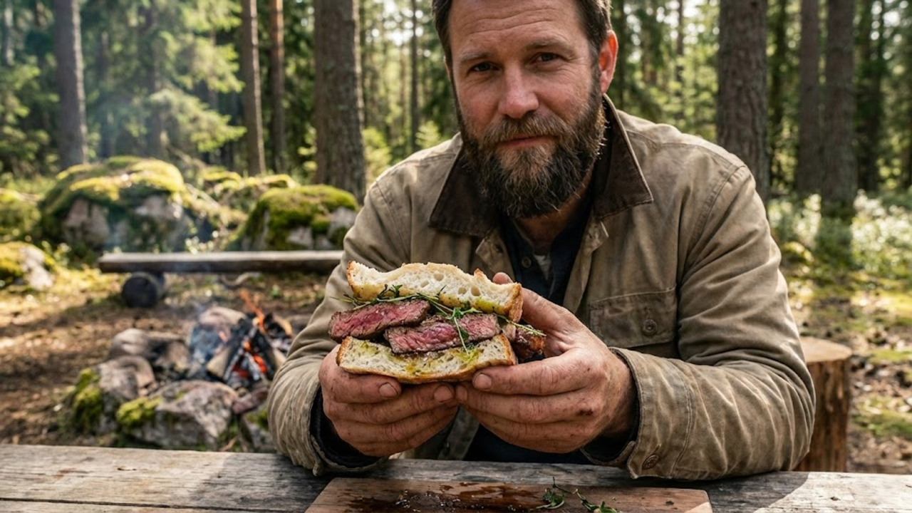 Preparo de sanduíche artesanal na natureza com carne suculenta sobre tábuas e pedras improvisadas