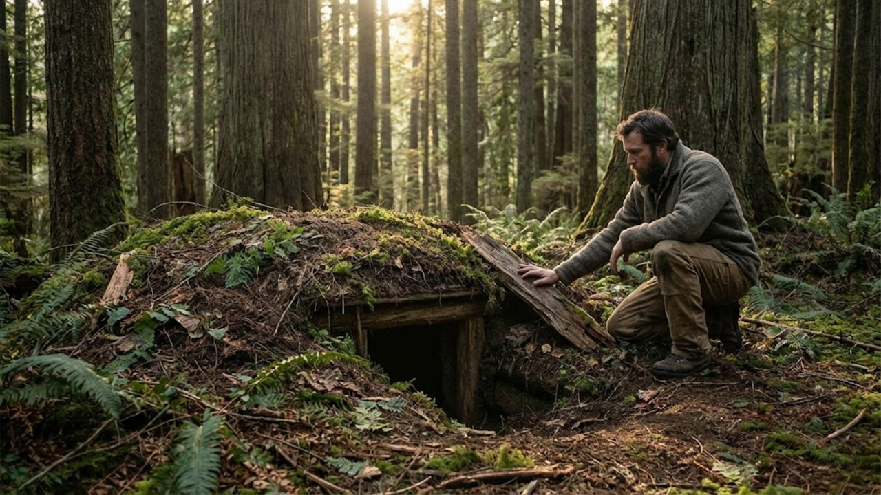 Cabana subterrânea camuflada com entrada secreta e técnicas de bushcraft oferece proteção e integração ambiental