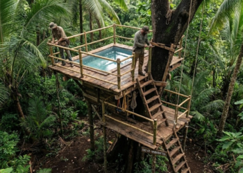 Em 69 dias e no meio da floresta, esses 2 homens construíram uma linda e confortavel casa na arvore com uma piscina funcional