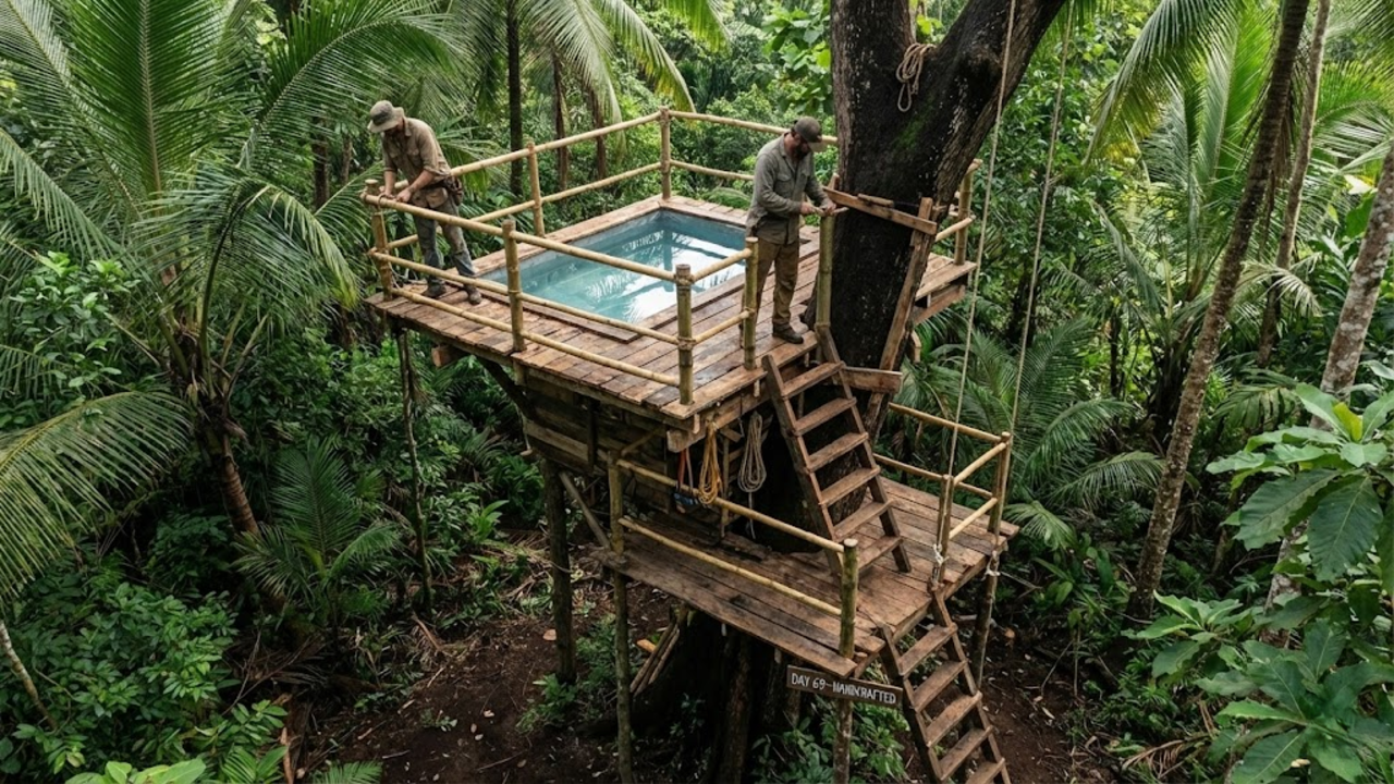 Em 69 dias e no meio da floresta, esses 2 homens construíram uma linda e confortavel casa na arvore com uma piscina funcional