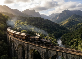 Vista da histórica ferrovia que cruza a Serra do Mar Paranaense em um trajeto de setenta quilômetros