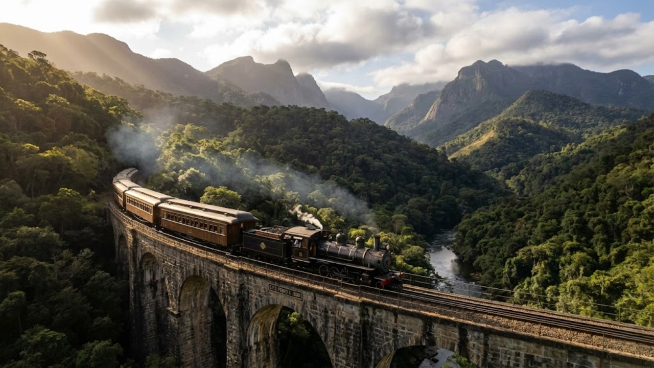 Vista da histórica ferrovia que cruza a Serra do Mar Paranaense em um trajeto de setenta quilômetros