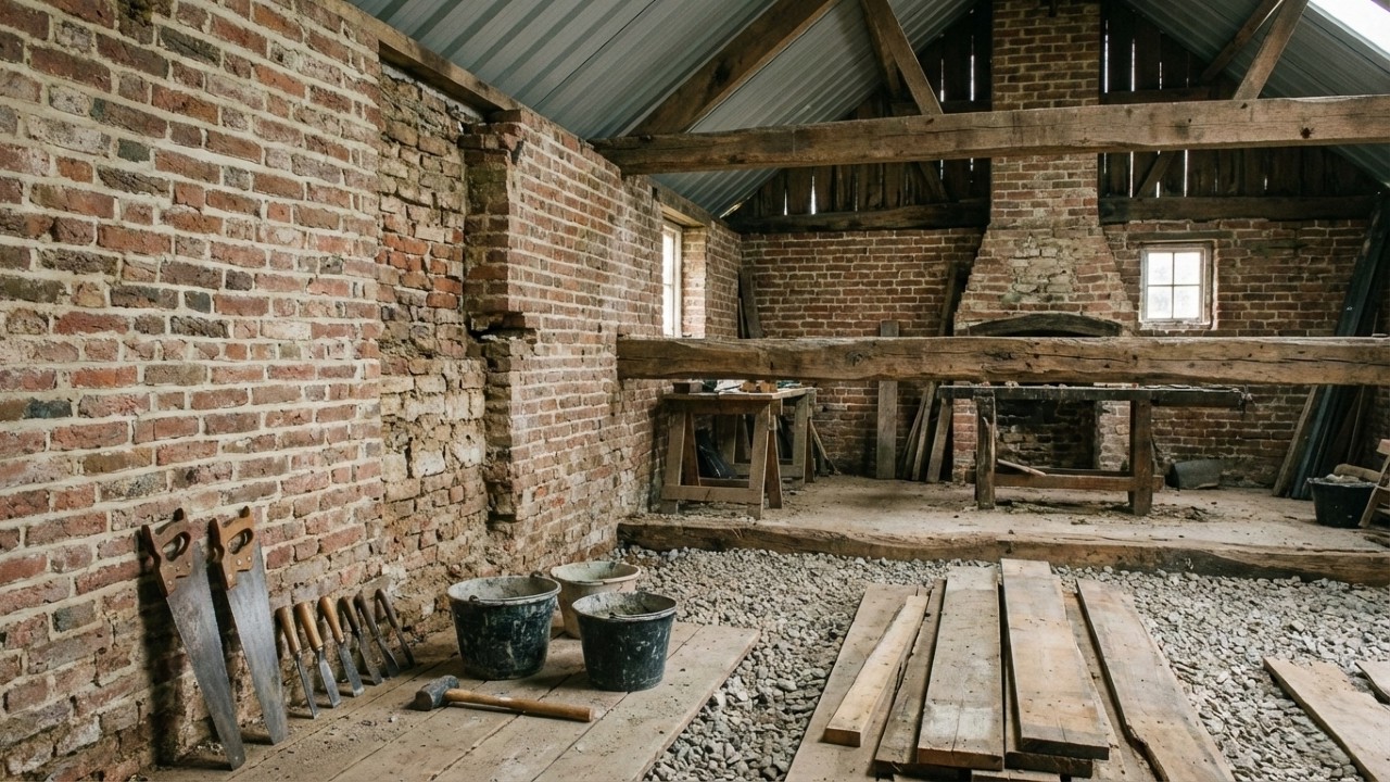 Oficina abandonada há 100 anos vira espaço criativo com marcenaria, metal e estação de energia portátil