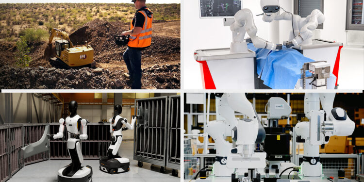 Imagem em destaque cortesia de Caterpillar (superior esquerdo), LEM Surgical (superior direito), AGIBOT (inferior esquerdo) e Franka Robotics (inferior direito)