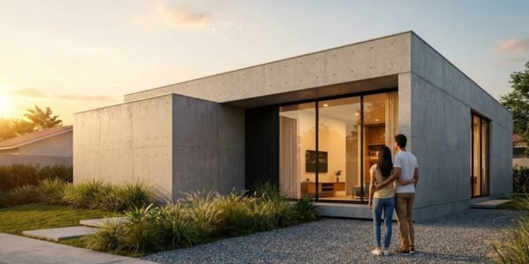 Uma residência de linhas retas, concreto aparente e ambientes que fluem sem barreiras. Inspirada no estilo europeu, a casa de concreto aparente construída por um casal reúne 2 quartos, integração total e um orçamento enxuto