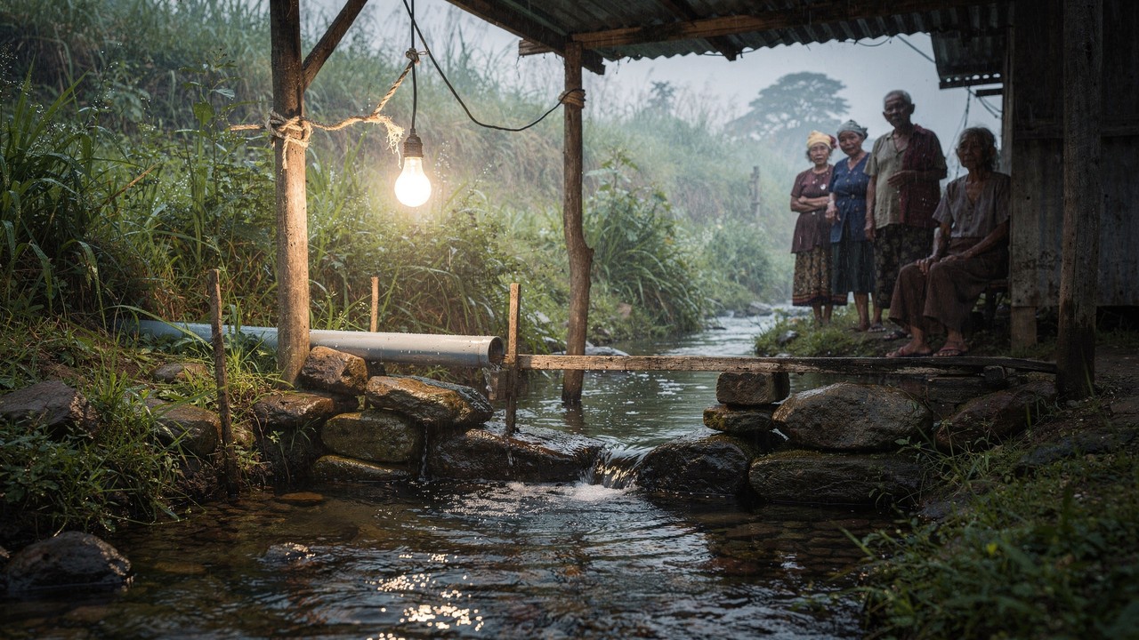 Em 7 dias, menina constrói usina hidrelétrica artesanal com tubo, madeira e gerador, leva luz a área rural na Ásia e ensina todo o passo a passo do sistema