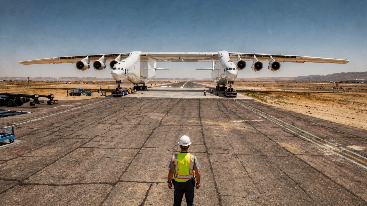 Com 117 metros de envergadura e duas fuselagens, o avião colossal foi projetado com a missão de lançar veículos militares hipersônicos em pleno voo