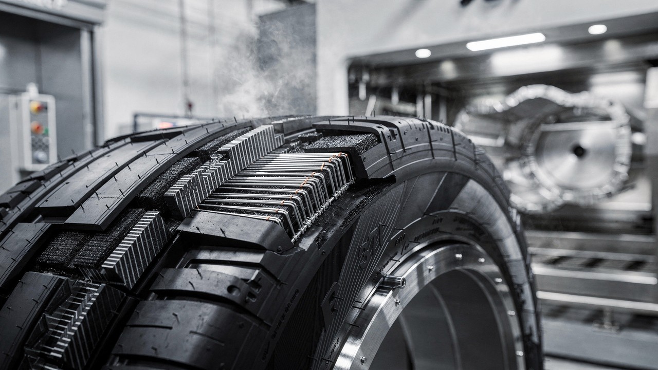 Com camadas de borracha natural, aço e fios de nylon prensados a 170 graus, é assim que a engenharia cria o pneu que suporta toneladas de peso