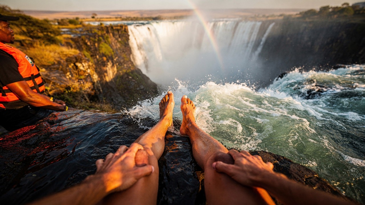 A piscina na borda do abismo: na beira de uma queda d'água de 100 metros, turistas nadam na 'Devil's Pool' com segurança e uma vista de tirar o fôlego