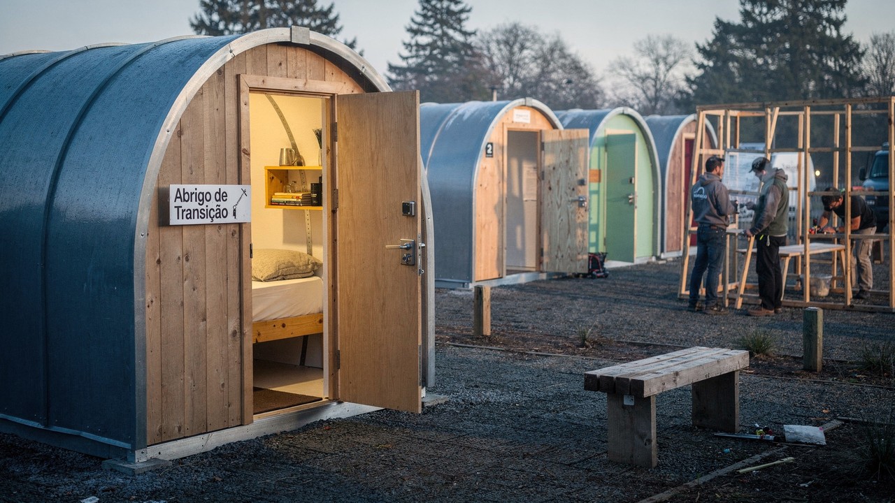 Com abrigo de US$ 2.500 montado em horas e suporte integrado, cidade americana reduz população de rua e acelera transição para moradia definitiva com emprego e acompanhamento social