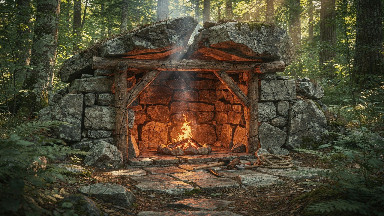 Sozinho e em apenas 3 dias, ele construiu um refúgio rústico com pedra, madeira reaproveitada, isolamento térmico e cozinha de fogueira