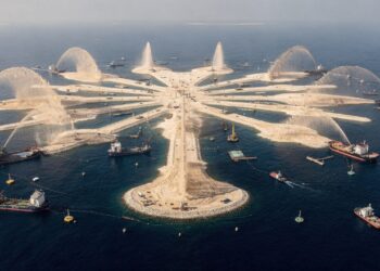 Com investimento de US$ 15 bilhões, o projeto da nova ilha artificial que usa milhões de metros cúbicos de areia para tentar dobrar a linha costeira de Dubai.